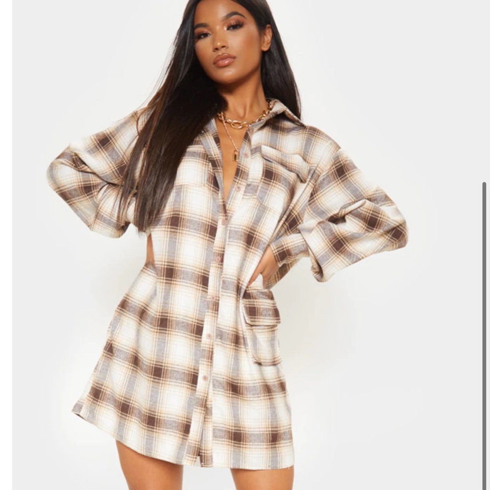 Beige Check Pocket Detail Long Sleeve Shirt Dress